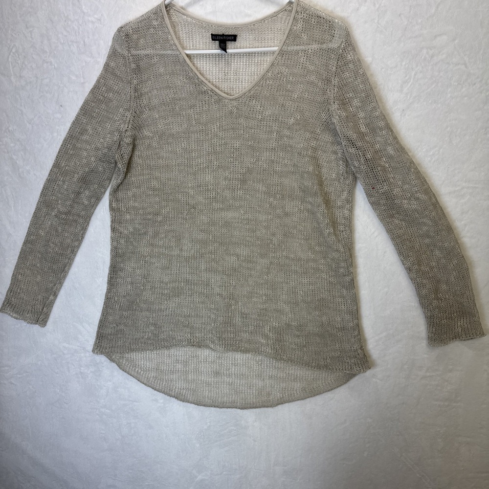 EILEEN FISHER Sweater Medium Beige Open-Weave Tunic Linen Blend Leather Trim - Picture 8 of 10